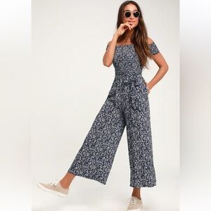 Lulu's Navy Floral Off-Shoulder Jumpsuit